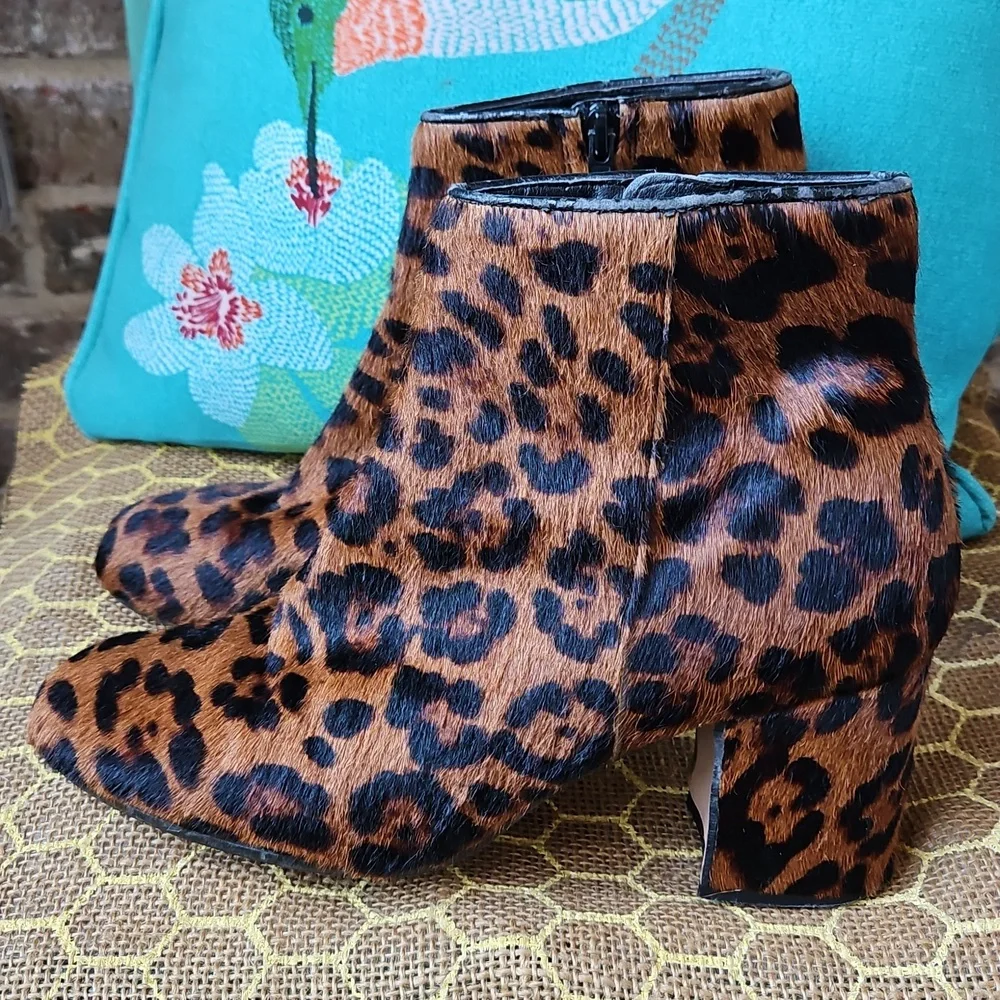Zara Leopard Print Calf Hair Heeled Ankle Boots